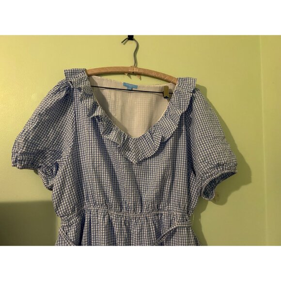 Draper James RSVP 3X Blue Gingham Ruffle V-Neck Belted Fit & Flare Dress Puff Sl - Picture 8 of 14